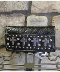 Ladies Tri-fold Wallet - Style # 9220282 - Black with Silver Crosses